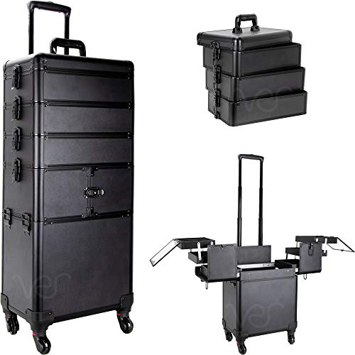 Ver Beauty 5-in-1 professional rolling cosmetic makeup artist train case organizer storage with trays compartments keys locks extra lid mirror, Black Matte, (VT014-22)