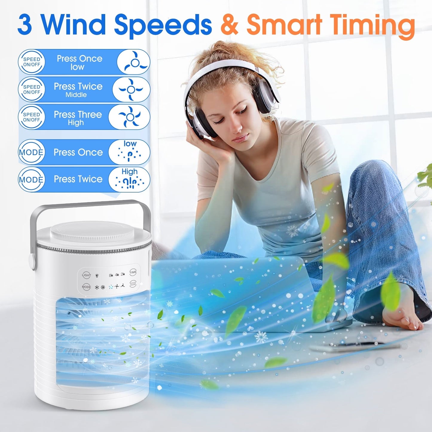 Portable Air Conditioner. Rechargeable Personal Cordless Air Cooler Quiet Desk Fan with 3 Speeds Small Air Conditioner Fan Mini Evaporative Cooler for Small Room Office Dorm and Outdoor (White)