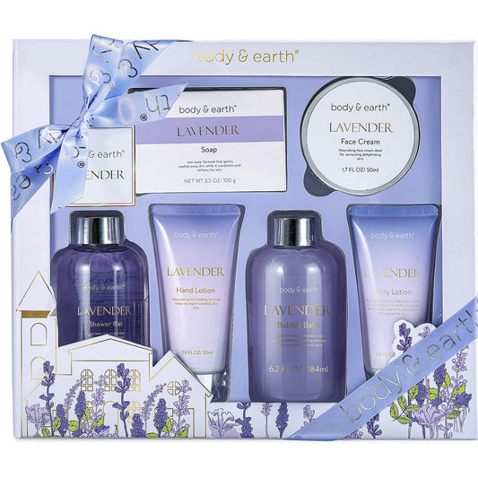 Spa Gifts for Women, Lavender Gift Set, Body & Earth 6 Pcs Bath Gift Sets, Self Care Gifts, Birthday Gifts for Women, Relaxing Spa Set, Valentine's Day Gifts for Her