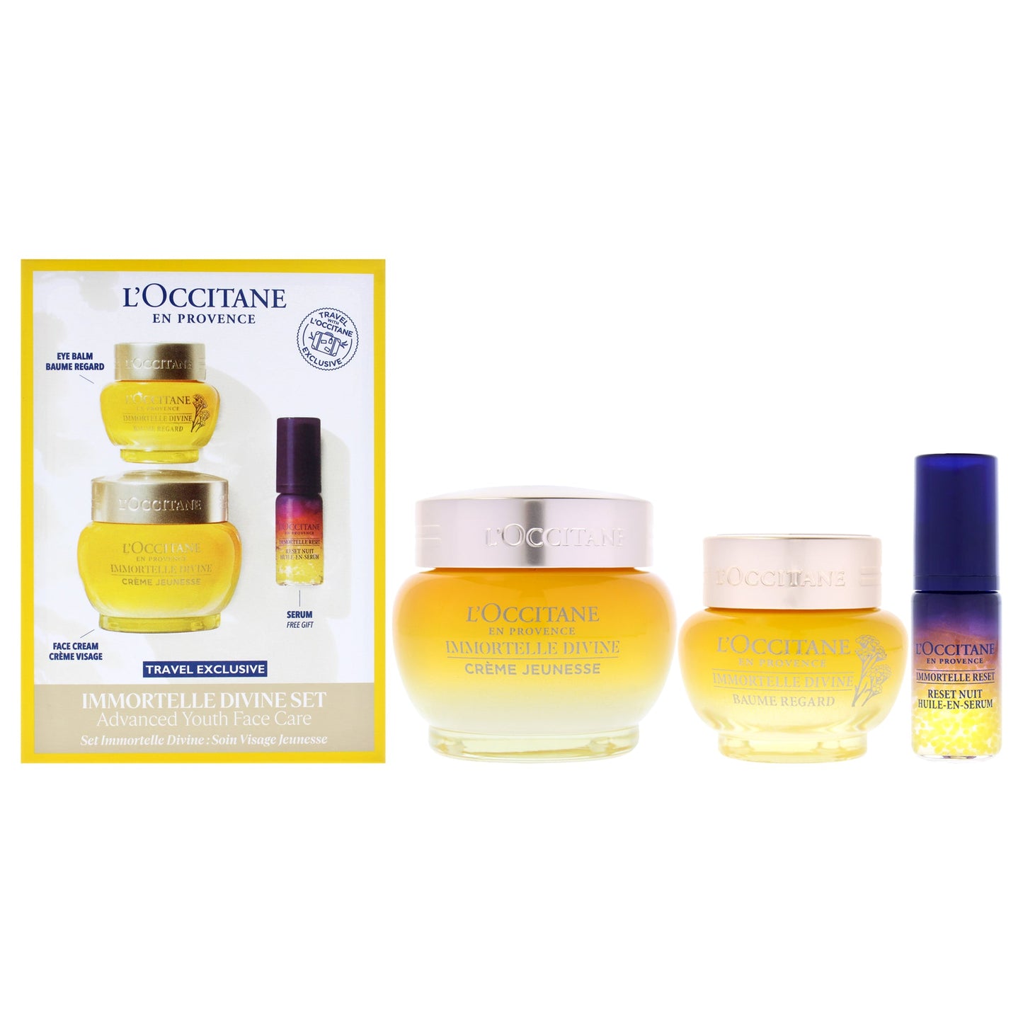 Immortelle Divine Set - Advance Youth Face Care by LOccitane for Unisex - 3 Pc 0.5oz Eye Balm, 1.7oz Cream, 0.16oz Oil-In-Serum